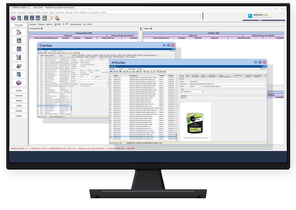 Pantallas del software VERTEX ERP: menú principal, ficha de cliente y catálogo de artículos